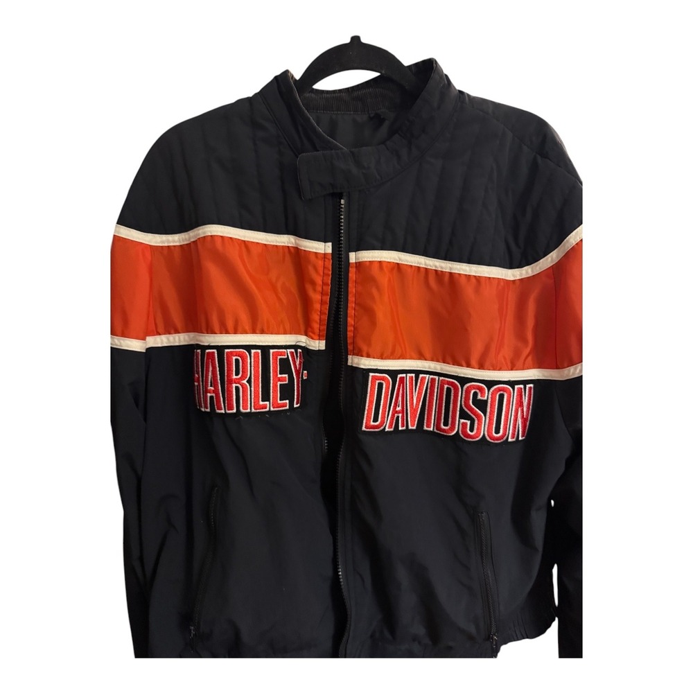 Vintage Harley Davidson Racing Jacket XL Made USA Black Orange Embroidered